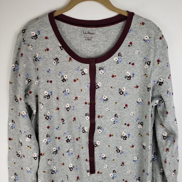 LL Bean Union Suit Gray Waffle Floral One Piece Thermal Pajama Womens Size Large - Picture 3 of 6